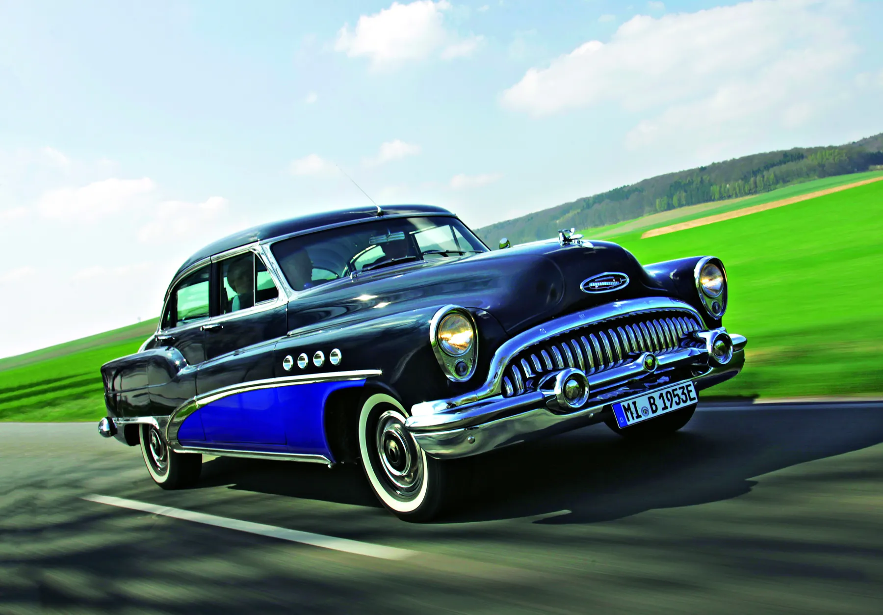 1953 Buick Roadmaster, converted to electric drive, on a country road
