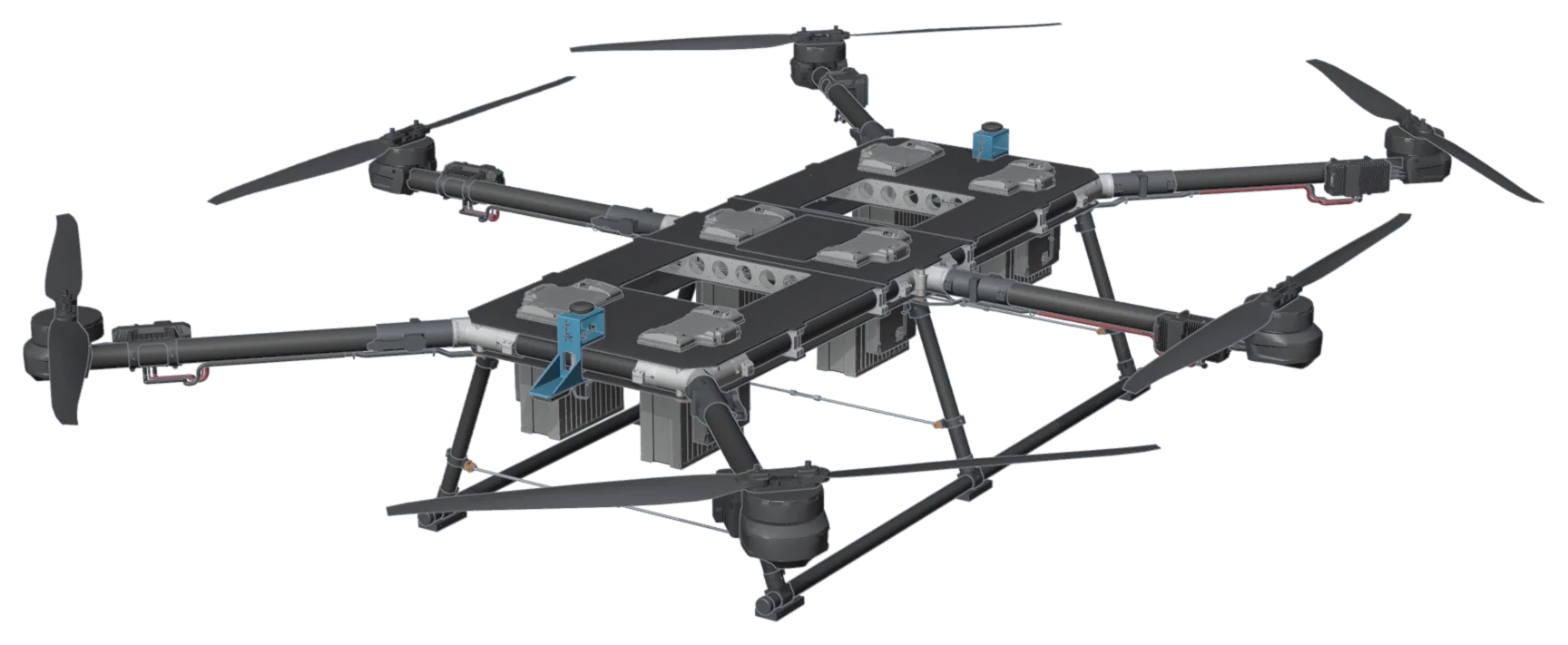 CAD model of the Caribou heavy-lift hexacopter: six arms with folding propellers, a carbon sandwich frame with six batteries, landing gear underneath