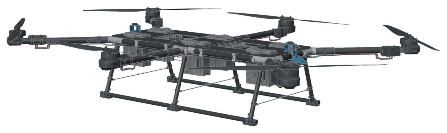 Caribou heavy-lift hexacopter, CAD model seen from the side, with landing gear and batteries under the frame
