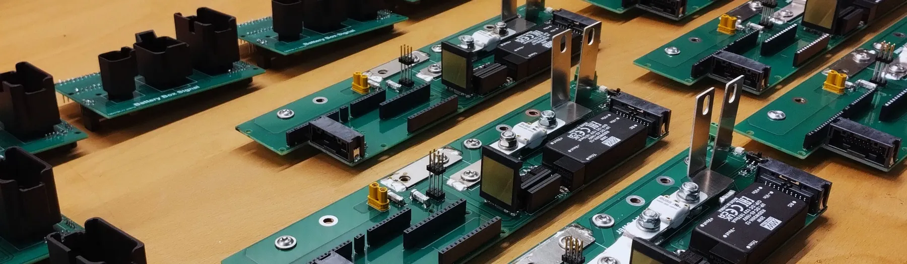 Assembled circuit boards on a bench